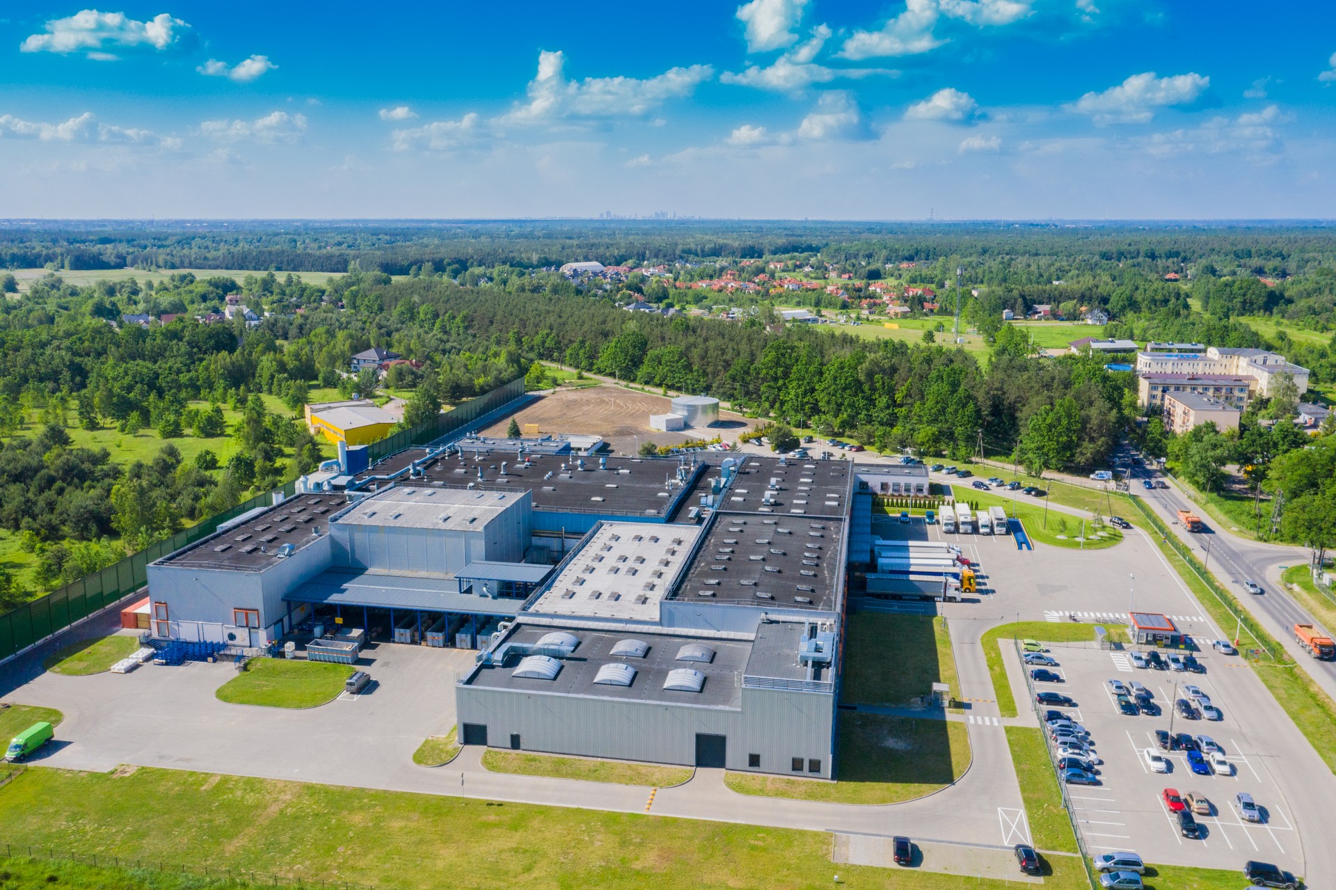 Aerial drone view on distribution center. Logistic and transport concept